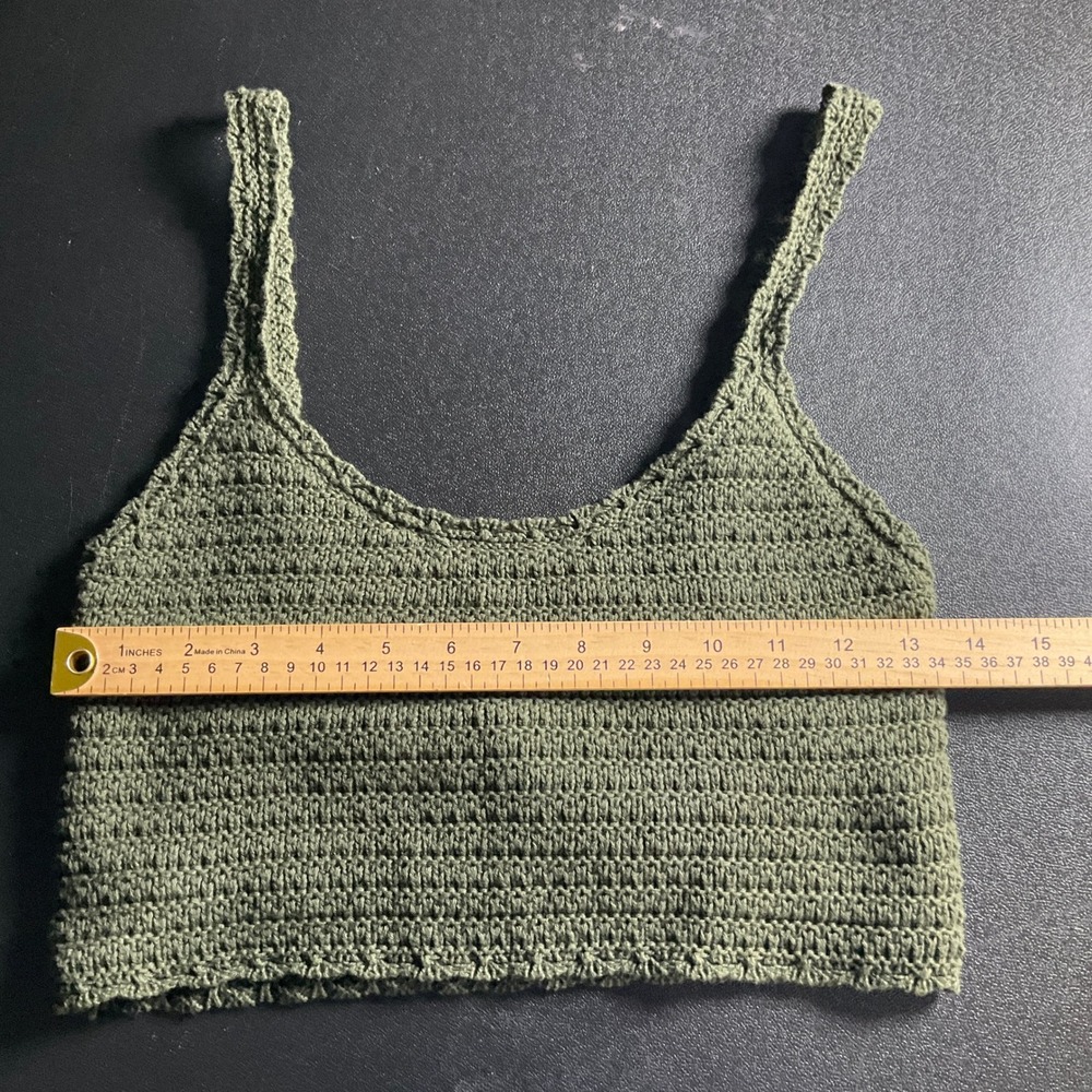 Aerie Olive Green Crochet Crop Tank Top Stretch‎ Knit Sz XXS Bohemian - Picture 8 of 8